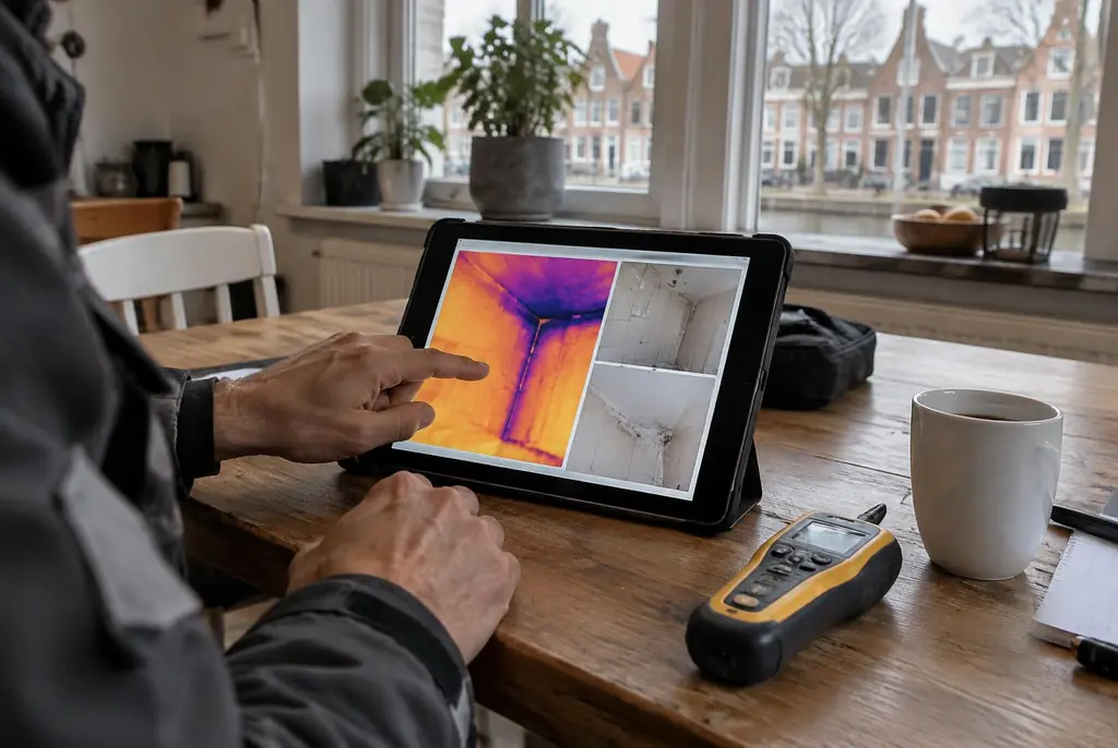 Lekdetectie Vriezenveen – lekdetectierapport met warmtebeelden en foto's op een tablet