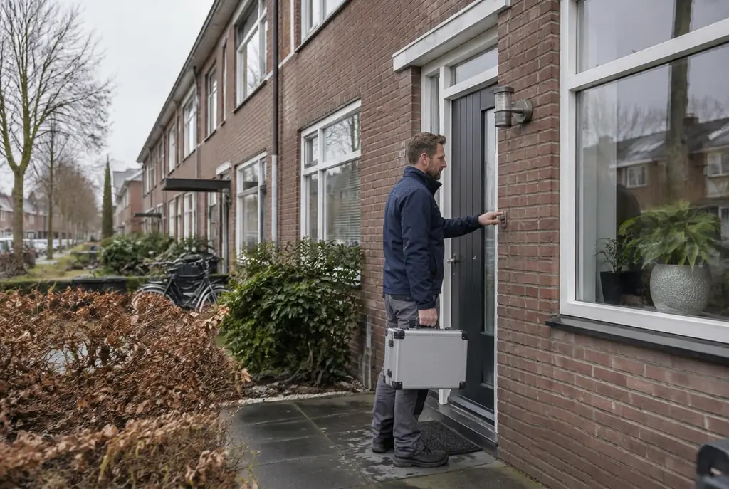 Lekdetectiespecialist met meetkoffer bij de voordeur van een woning in Vriezenveen